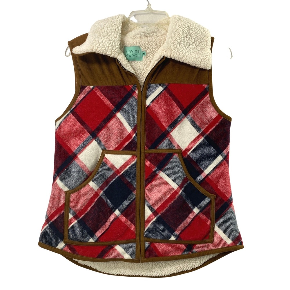 Judith March Vest Women M Red Plaid Sherpa Lined Faux Suede Cabin Gorp Layer